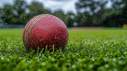 Rainsoaked Cricket Ball on Green Field Sports Concept with Closeup with Droplets.