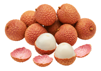 Lychee fruit close up red skin white flesh transparent background food photography