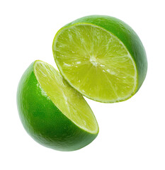 Two halves of a lime, sliced, vibrant green,  isolated on black background
