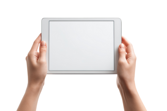 Hands holding a white tablet with a blank screen
