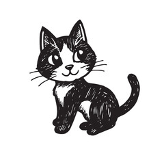 Cat Doodle Black and White Illustration Vector Image Cute Kitten Sketch Line Art Drawing Silhouette