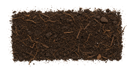 Dark brown soil sample with roots and stones high angle view transparent background