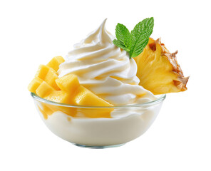 Creamy dessert bowl with whipped yogurt, mango, and pineapple