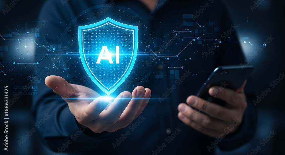 Poster person holding glowing ai shield with smartphone in hand showing technology and security concept ai 