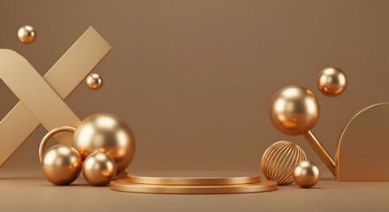 Obraz premium Gold geometric shapes and spheres on a muted brown background. Abstract display with a gold podium in the foreground.
