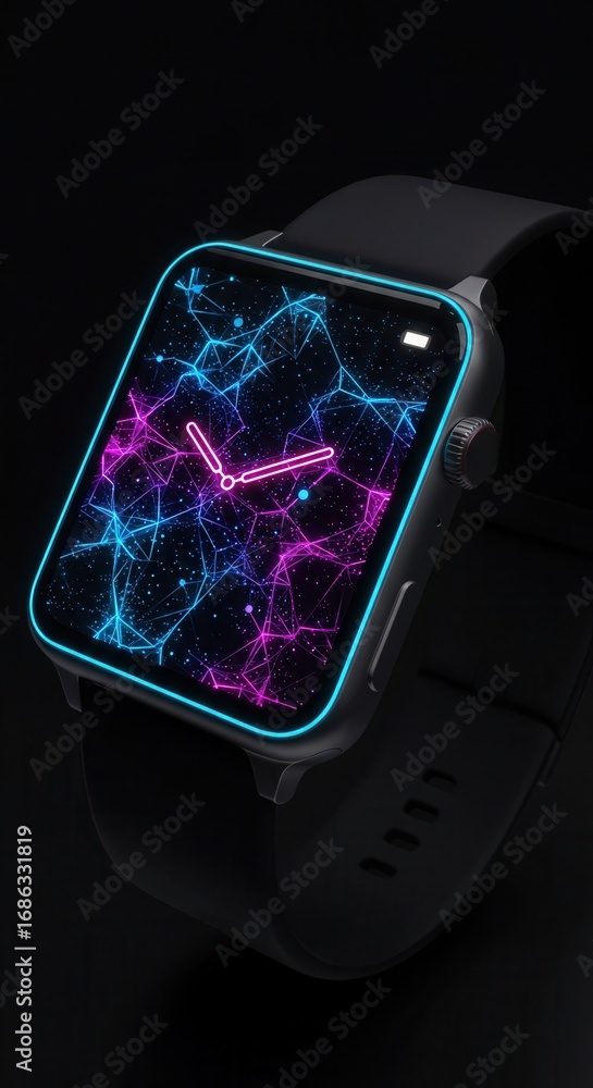 Poster a modern smart watch displays a dynamic digital clock face with vibrant neon-colored network graphic