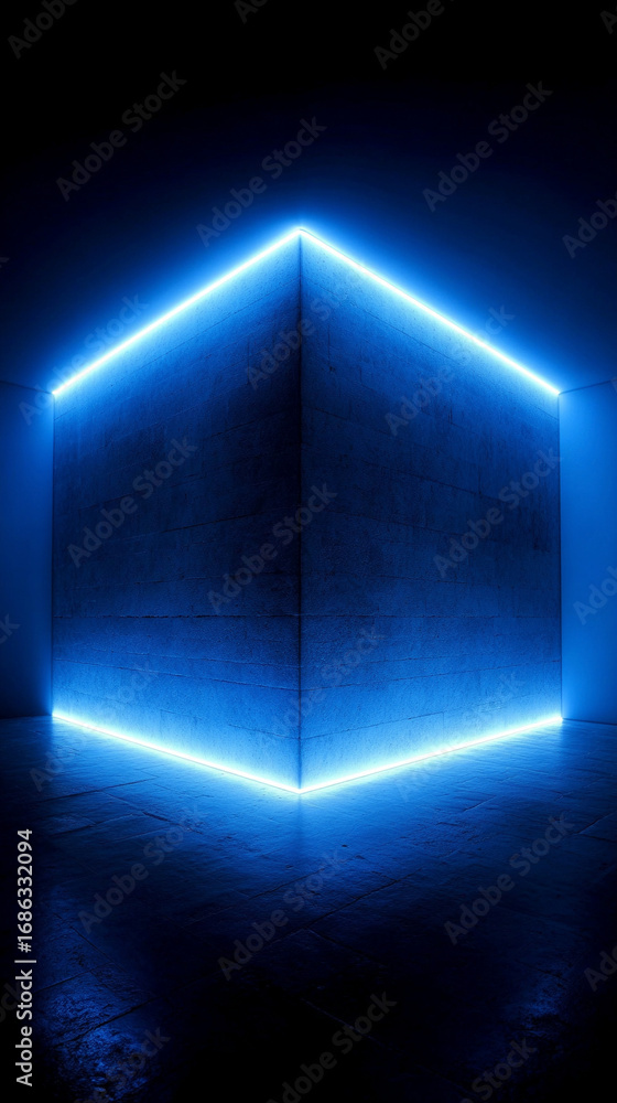 Poster abstract glowing white corner set against a deep blue void, creating a minimalist, futuristic, and d
