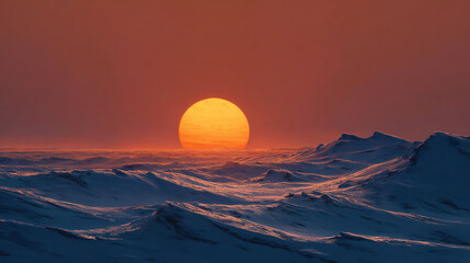 Dramatic sunset over frozen ocean waves