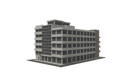 Gray multi-story office building in a city setting. Modern structure with numerous windows and balconies.