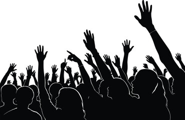 Silhouette of cheering crowd with raised hands in celebration, excited audience at concert, festival, music event, or public gathering.