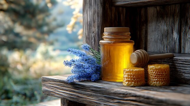 Rustic Honey Still Life Jar with Dipper, Honeycombs, and Lavender on Wooden Shelf.