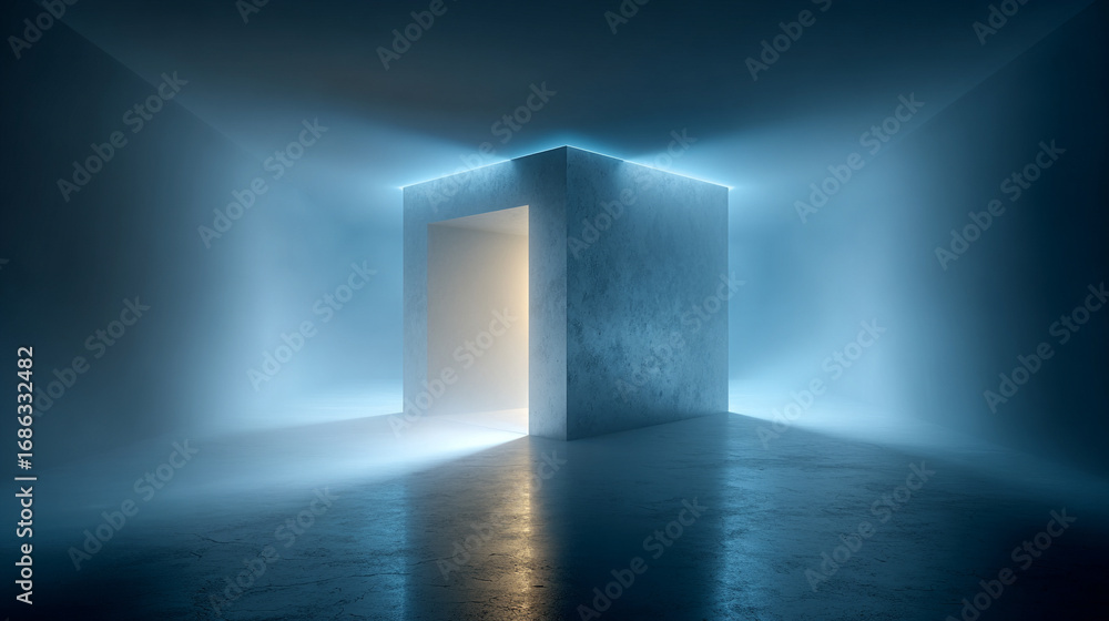 Poster abstract glowing white corner set against a deep blue void, creating a minimalist, futuristic, and d