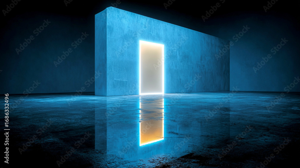 Poster abstract glowing white corner set against a deep blue void, creating a minimalist, futuristic, and d