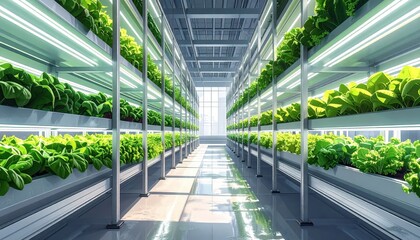 A spacious indoor hydroponic farm showcases numerous vertical layers of thriving greenery, lit by rows of bright LED lights, under a large, airy structure.