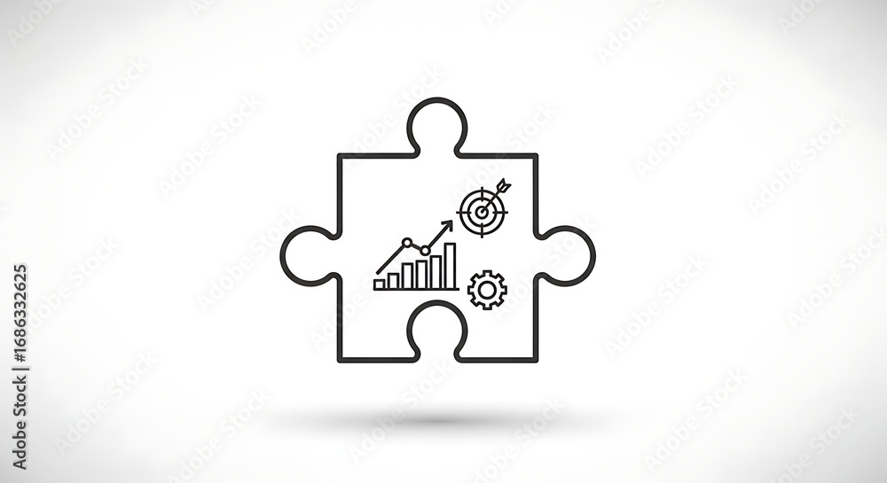 Poster a puzzle piece with a graph target and gear icon representing business strategy and problem solving 