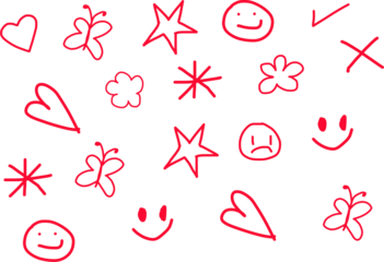 Doodle smile, flower, butterfly, star and heart PNG