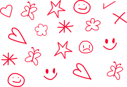 Doodle smile, flower, butterfly, star and heart PNG