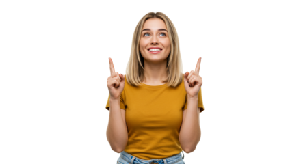 Woman pointing upwards studio shot transparent background