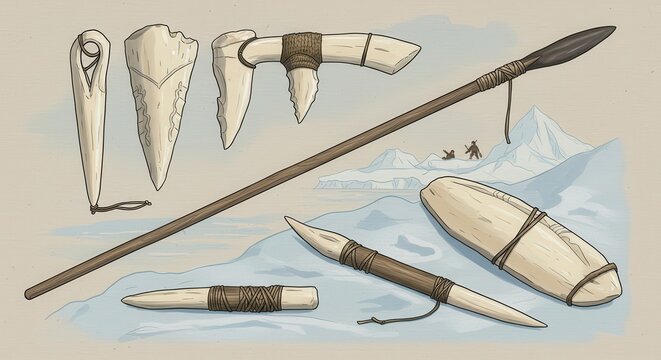 A collection of ancient bone and wood tools, showcasing early human ingenuity and resourcefulness in a frigid arctic landscape.