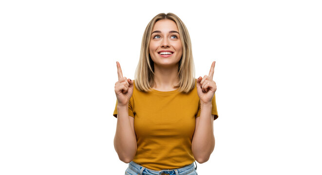 Woman pointing upwards studio shot transparent background