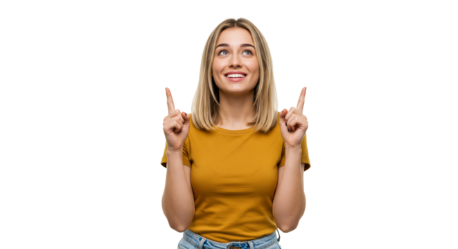 Woman pointing upwards studio shot transparent background