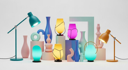 A vibrant collection of various lamps and decorative objects, showcasing a diverse array of colors and designs, arranged on a neutral backdrop, creating an appealing visual composition.