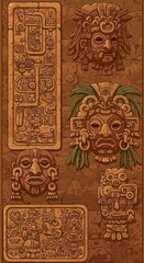 Naklejka premium Intricate Mayan masks and glyphs adorn a textured, ancient stone background, showcasing rich cultural details in a warm brown color scheme.