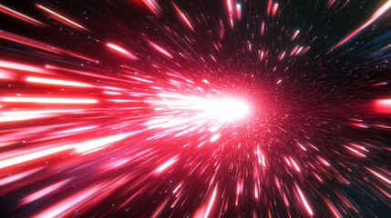 Abstract sci-fi space tunnel with red and white glowing rays, depicting a neon hyperspace wormhole for time travel, space exploration, and futuristic technology concepts.