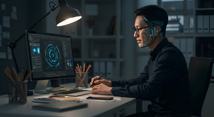 Asian male graphic designer in a dark shirt working late at a modern office desk. Focused on a computer screen with graphic design software, writing notes.
