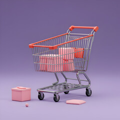 Pink shopping cart with gifts on a purple background. Minimalist shopping cart with stack of boxes in a studio setting.