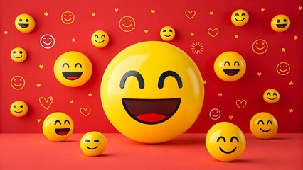 Happy yellow smiley face emojis on red background representing joy and positive emotion
