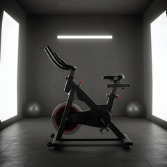 Modern stationary exercise bike in a sleek, dark gray fitness room. A single, black exercise bike is positioned in a contemporary fitness center, standing in a well-lit, modern space.