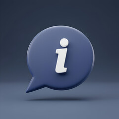 Information icon in a dark-blue speech bubble. 3D rendered symbol with a floating effect against a neutral backdrop. Digital interface element for website or application.