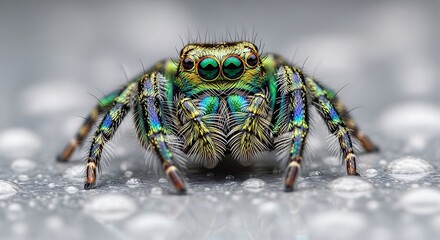 Fototapeta premium Vibrant Rainbow Jumping Spider on Dew-Covered Surface