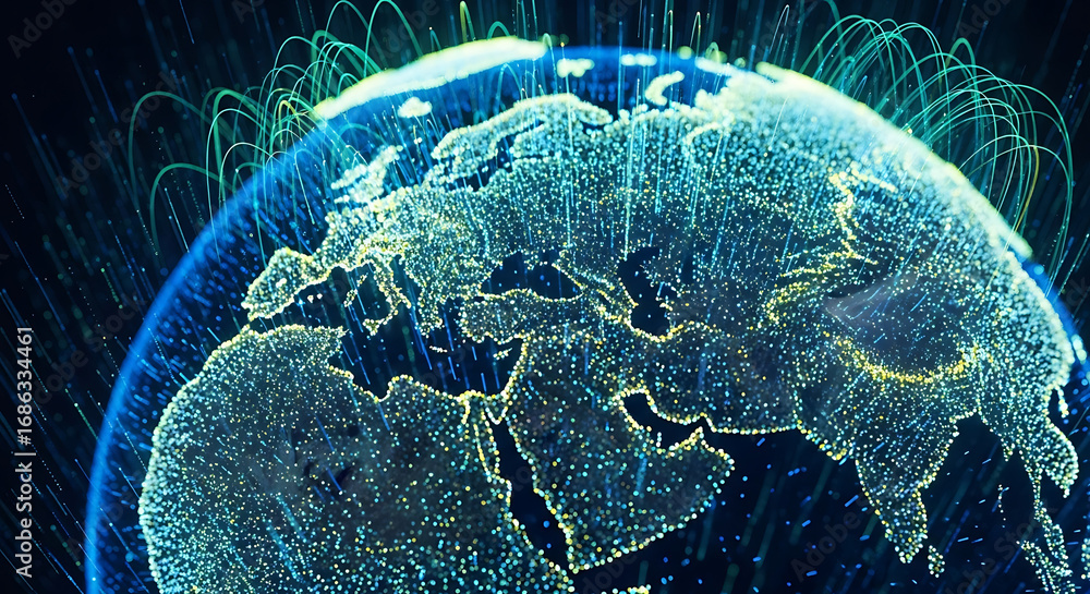 Poster digital earth visualization showing europe asia and africa with network connections and data streams