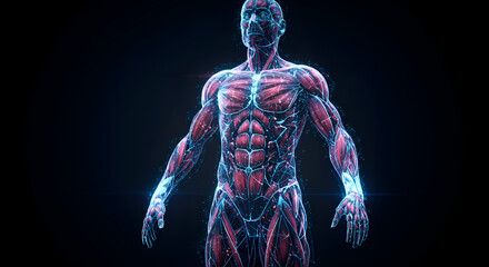 Male anatomical model with detailed musculature in a dark studio setting. Full body view of the model showcasing the muscle structure, anatomy, and body composition.