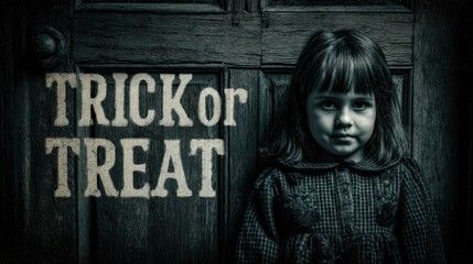 A spooky, vintage-style image featuring a girl with a haunting expression beside a "Trick or Treat" sign, evoking Halloween themes, isolated on white background