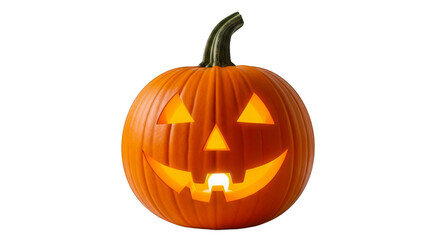 Carved halloween jack o lantern pumpkin with a glowing face isolated on transparent background