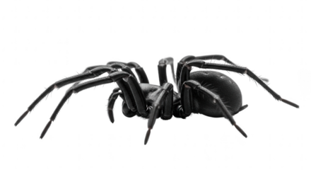 Detailed close up of a dark spider with eight legs and a segmented body isolated on transparent background