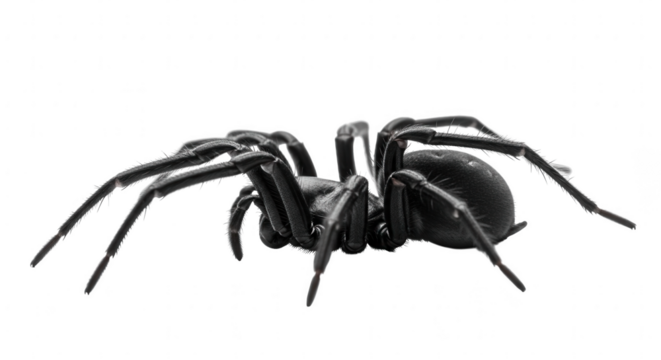 Detailed close up of a dark spider with eight legs and a segmented body isolated on transparent background