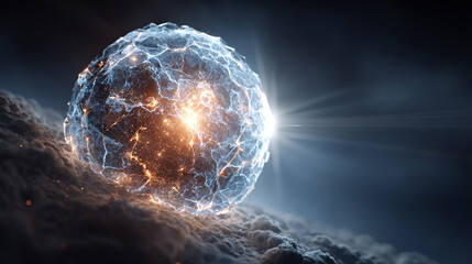 Abstract 3d energy orb in space representing technology science and engineering with glowing neural networks symbolizing artificial intelligence machine learning and futuristic innovation concepts