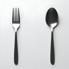 Modern silverware, fork and spoon, placed side by side on a clean, white surface. Elegant, minimalist utensil presentation for a restaurant or kitchen.
