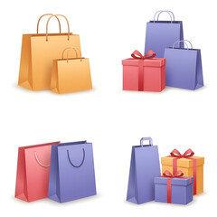 Paper shopping bags and gift boxes in various colors. Realistic renderings of shopping bags and gift boxes, arranged in a decorative pattern.