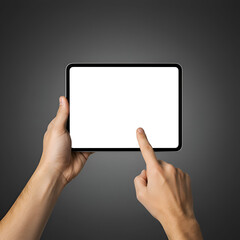 Adult male hands holding a tablet computer with blank screen. Using fingers to interact with the device. Neutral gray background. General user with no specific location -