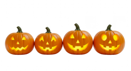 Four carved glowing halloween pumpkins in a row with spooky faces isolated on transparent background
