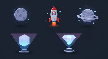 Space exploration and futuristic technology concept illustration of a moon, rocket, planet, holographic cube, and diamond. Futuristic technology icons in a dark space background.
