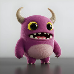 Purple furry monster character with large eyes and a toothy grin, standing on a dark gray surface. Cute, cartoon monster character in a playful stance against a transparent background.