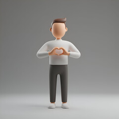 Cartoon male character in casual wear making a heart shape with hands in a neutral studio setting. Young adult male model expressing affection in a professional location -