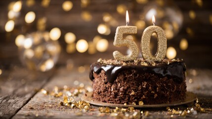 Golden 50th birthday celebration cake with chocolate icing and candlelights