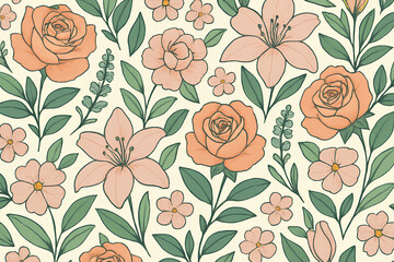 Seamless floral pattern with hand-drawn roses, lilies, and blossoms in pastel peach and green leaves on a light background. Elegant botanical illustration suitable for fabric, wallpaper, packaging,